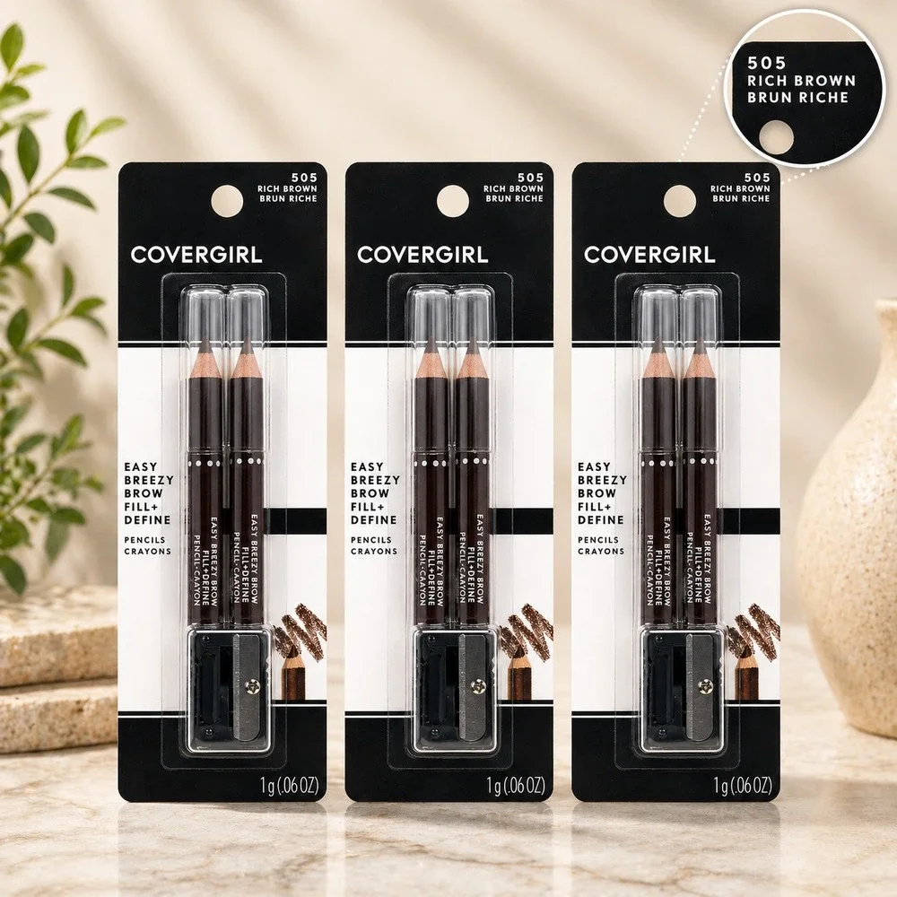 3pk Covergirl Easy Breezy Brow Fill Define Pencils 505 Rich Brown with Sharpener